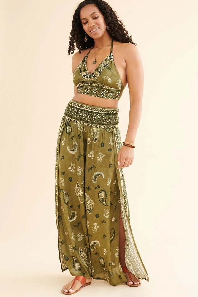 Green Paisley Sari Faux Wrap Pants