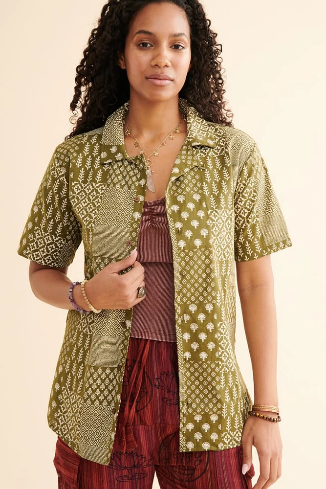 Sage Patchwork Print Camp Shirt
