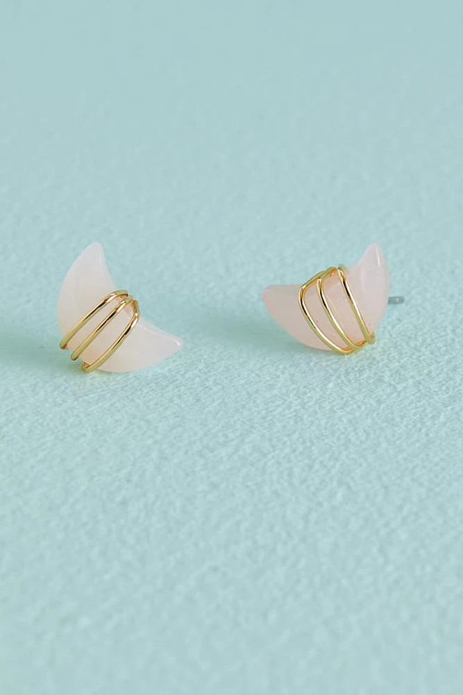 Rose Quartz Moon Wire Wrapped Stud Earring