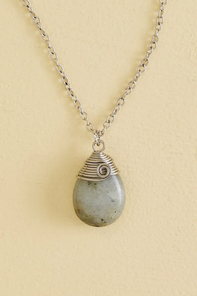 Labradorite Teardrop Wire Wrapped Necklace