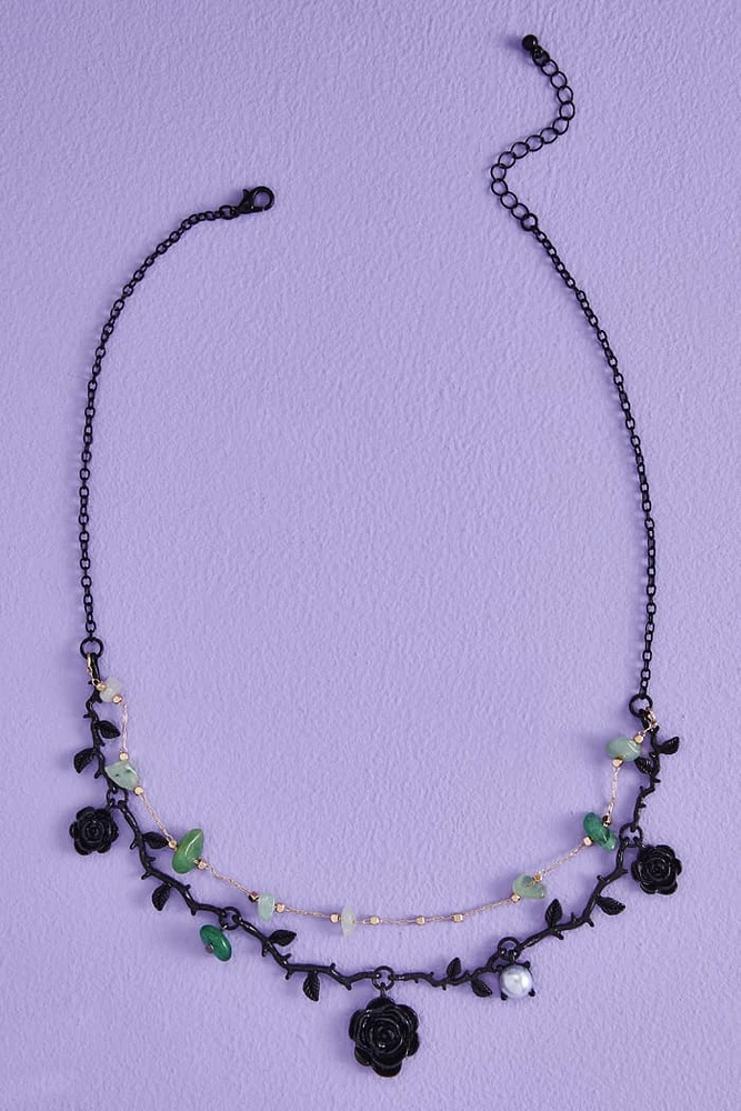 Green Aventurine Black boho Rose Necklace