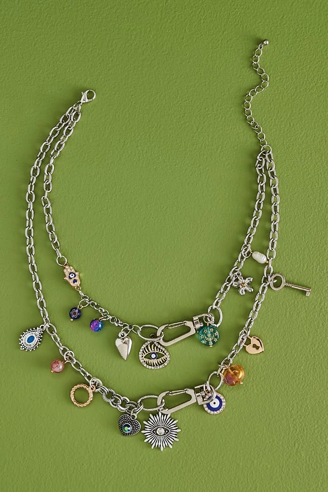 boho Silver Double Layered Charm Necklace
