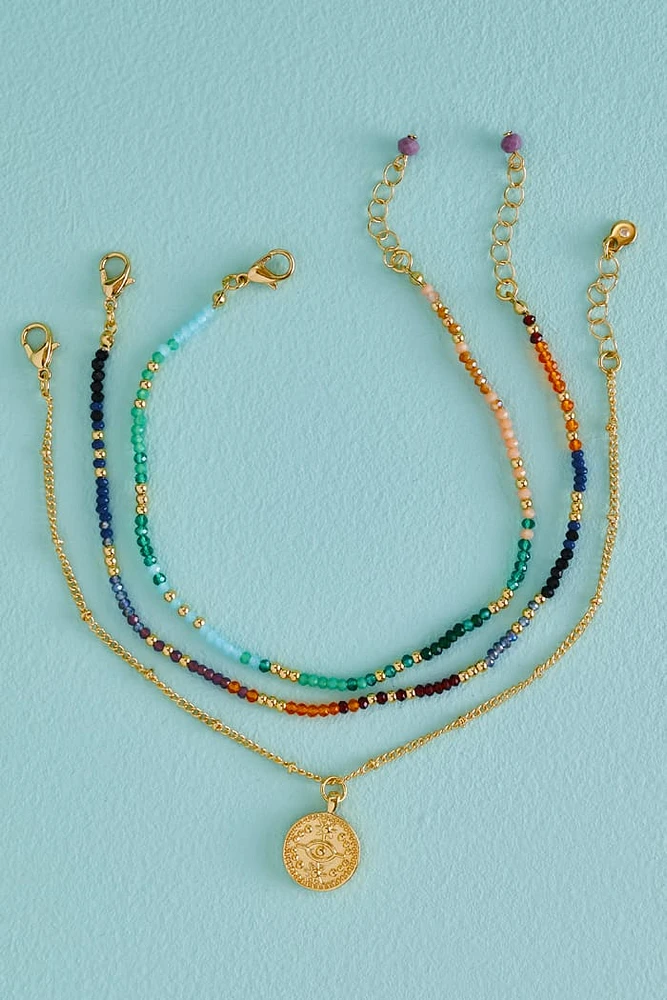 Gold Coin Mini Beaded Anklet Set