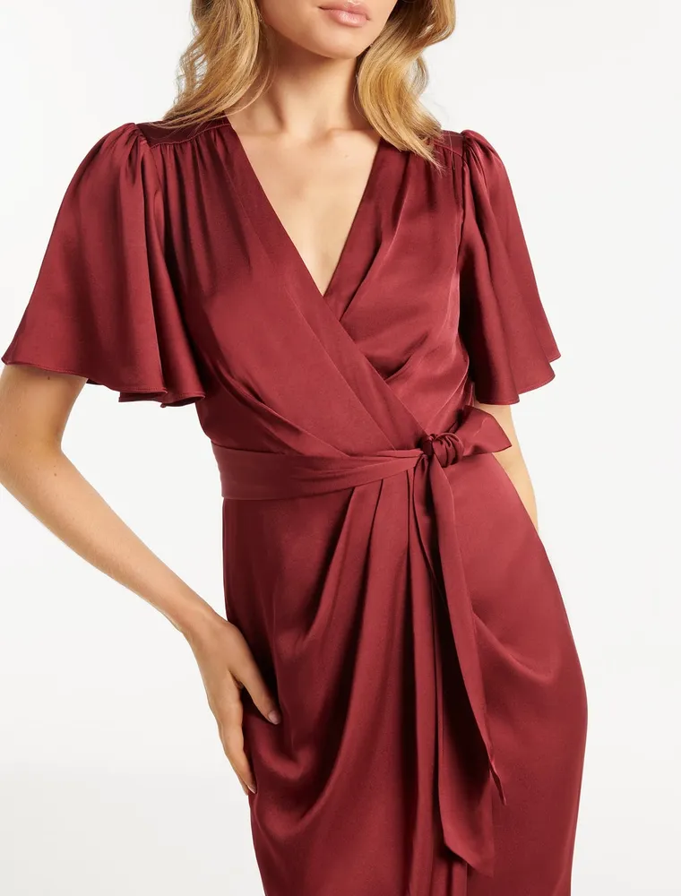 Carolina Satin Flutter Sleeve Midi Dress