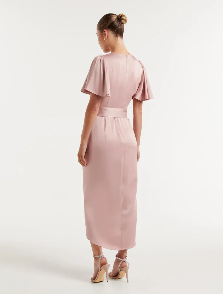 Carolina Satin Flutter Sleeve Midi Dress