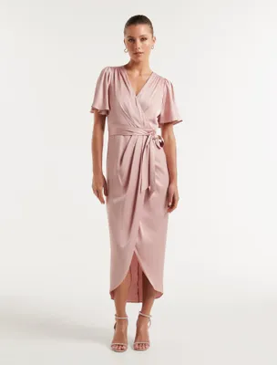 Carolina Satin Flutter Sleeve Midi Dress