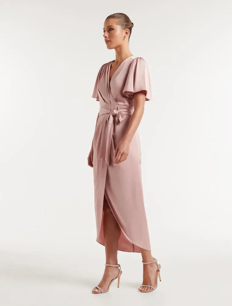 Carolina Satin Flutter Sleeve Midi Dress