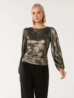 Gabriella Boat Neck Metallic Plisse