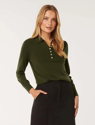 Olive Button Through Polo Jumper