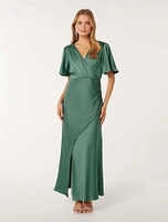 Chelsea Flutter Sleeve Satin Maxi
