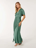 Chelsea Flutter Sleeve Satin Maxi