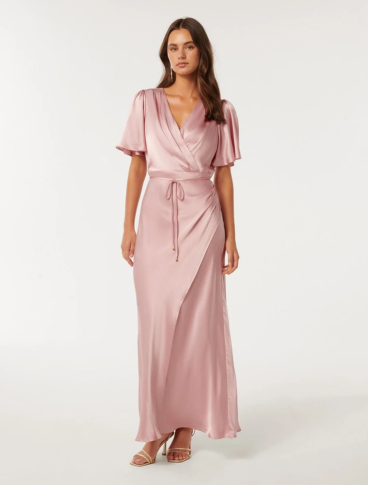 Chelsea Flutter Sleeve Satin Maxi