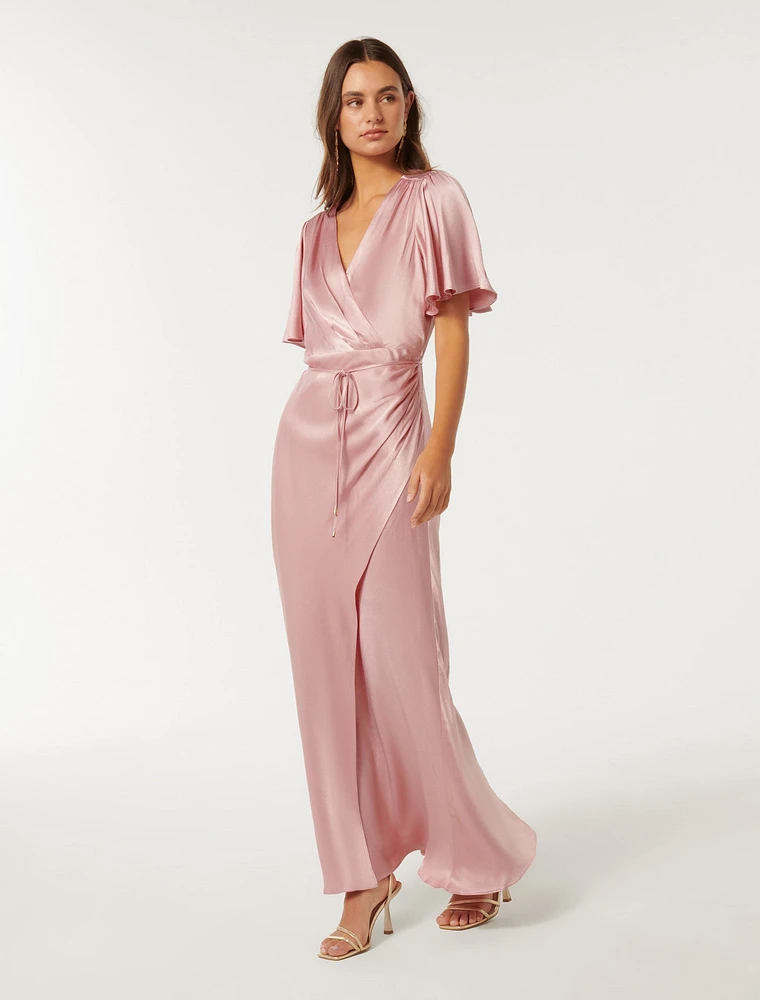 Chelsea Flutter Sleeve Satin Maxi