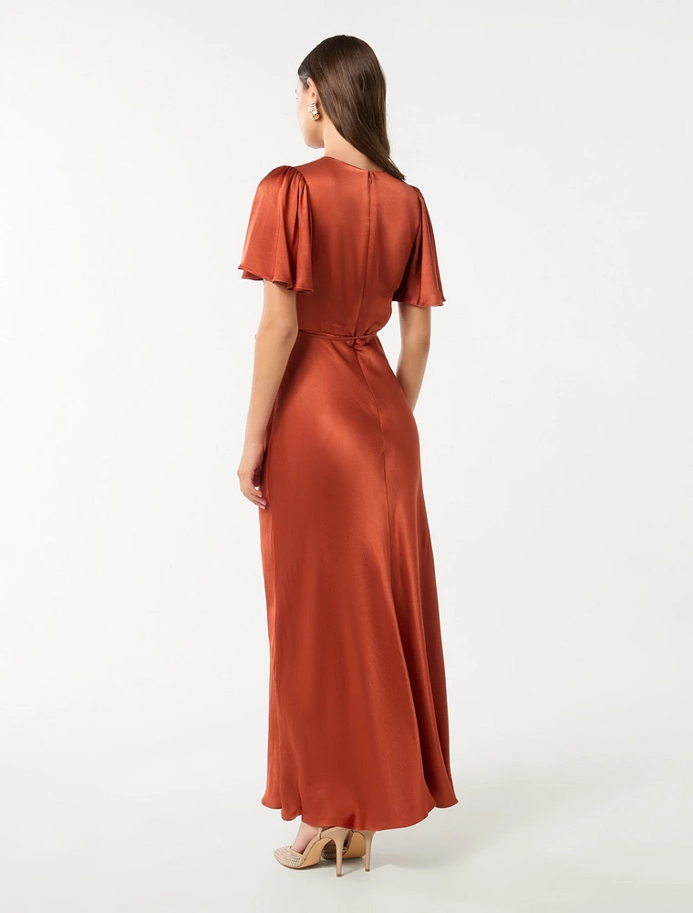 Chelsea Flutter Sleeve Satin Maxi