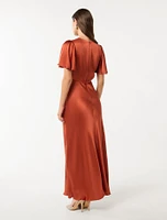 Chelsea Flutter Sleeve Satin Maxi