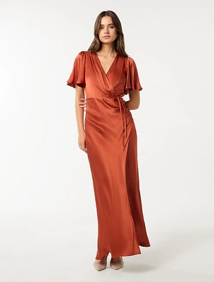 Chelsea Flutter Sleeve Satin Maxi