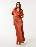 Chelsea Flutter Sleeve Satin Maxi