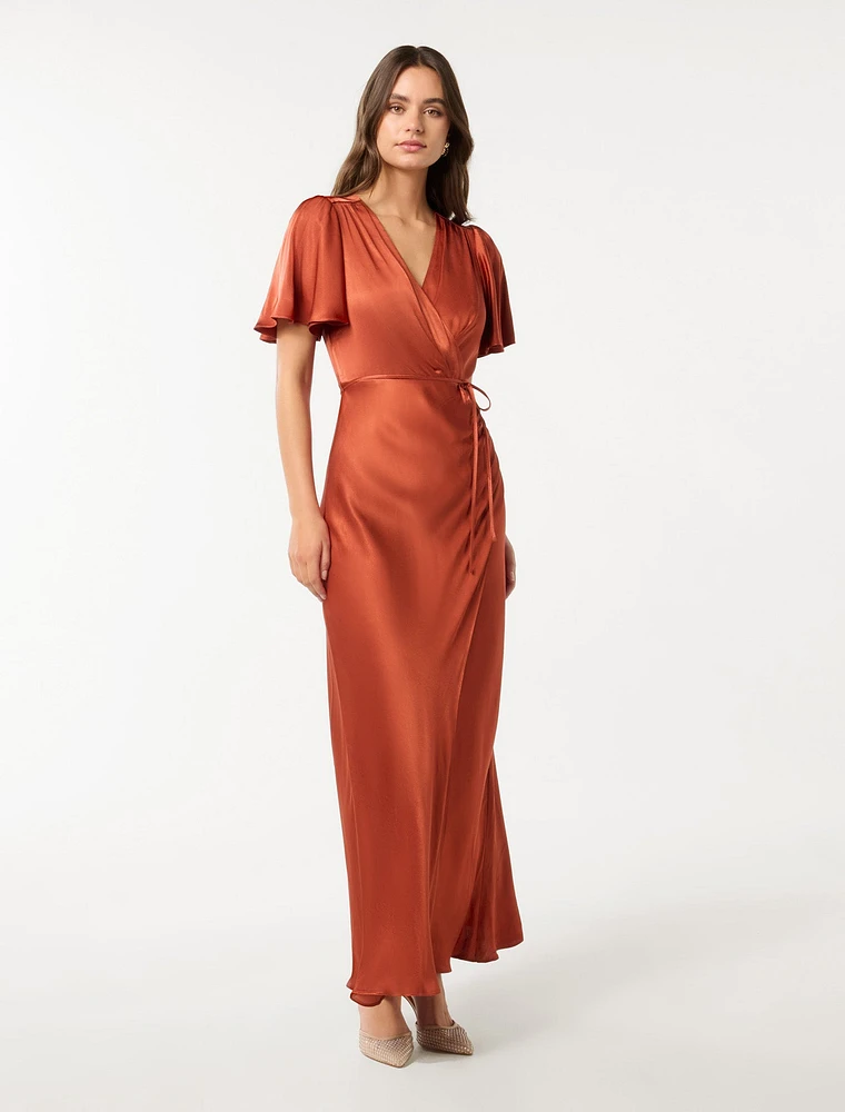 Chelsea Flutter Sleeve Satin Maxi