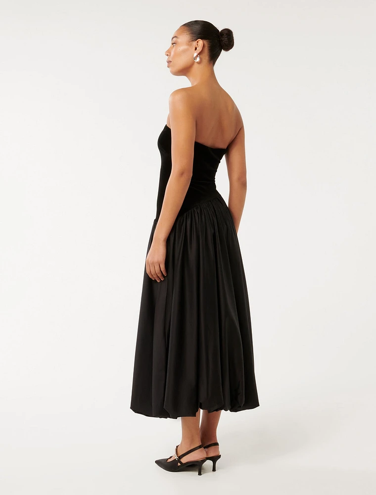 Delilah Velvet Bubble-Hem Midi Dress