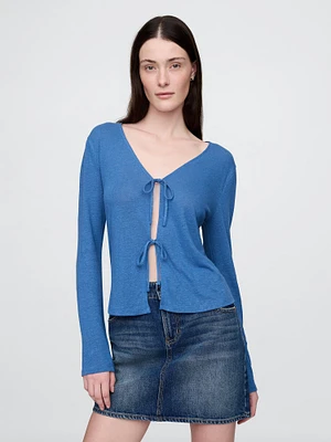 Linen-Blend Tie-Front Cardigan