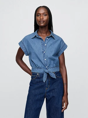 UltraSoft Denim Tie-Front Crop Shirt