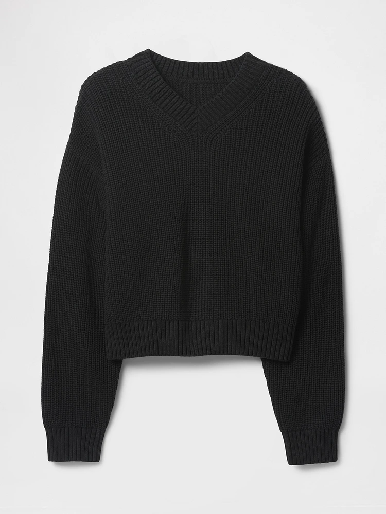 100% Cotton Shaker-Stitch V-Neck Sweater