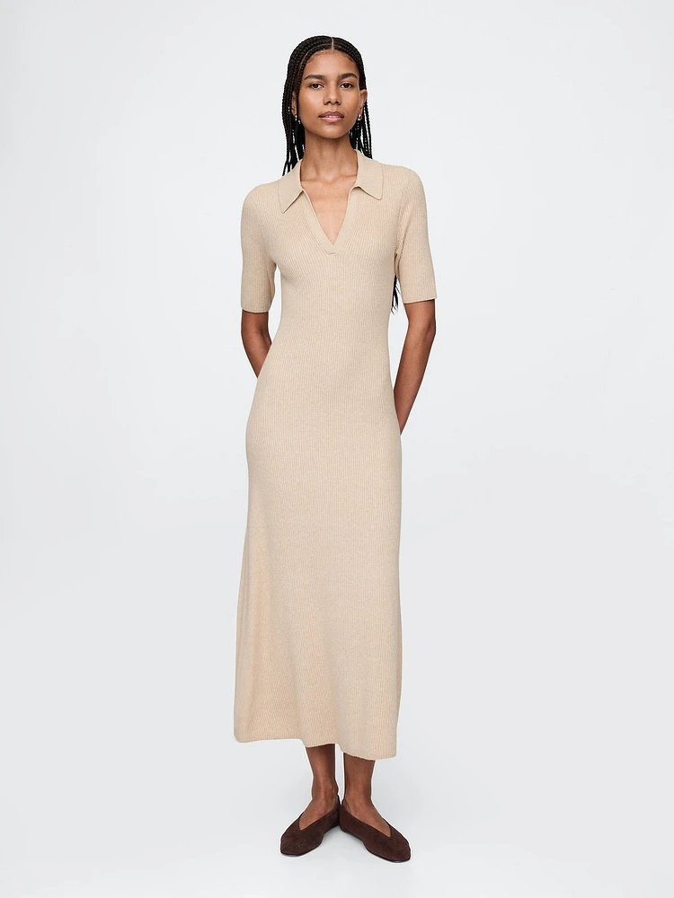 CashSoft Rib Johnny-Collar Midi Dress