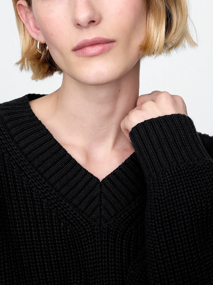 100% Cotton Shaker-Stitch V-Neck Sweater