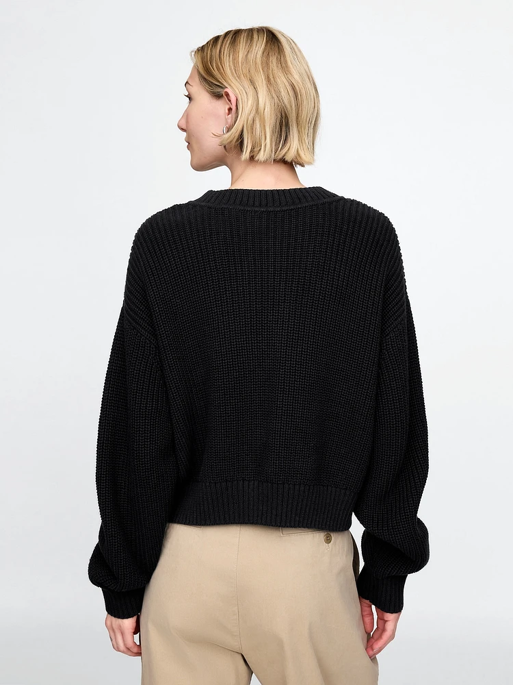 100% Cotton Shaker-Stitch V-Neck Sweater