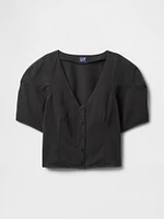 Denim Barrel-Sleeve Crop Shirt