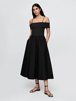 Mixed Media Off-Shoulder Midi Dress