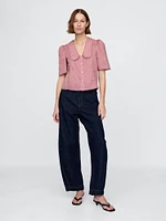Puff-Sleeve Lace Collared Top