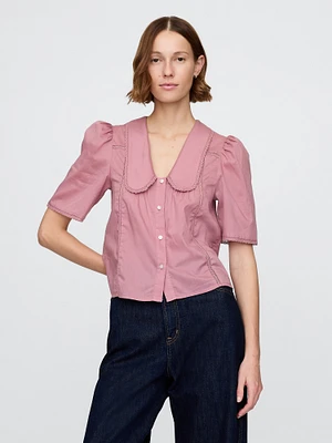 Puff-Sleeve Lace Collared Top