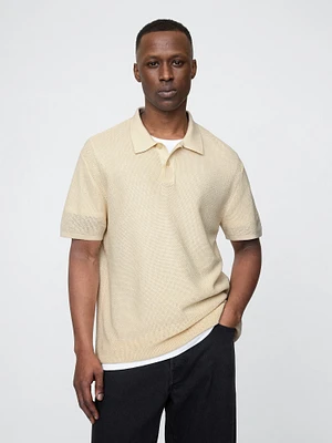 Textured Crochet Polo Shirt Sweater