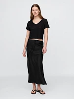 Linen-Blend V-Neck Crop T-Shirt