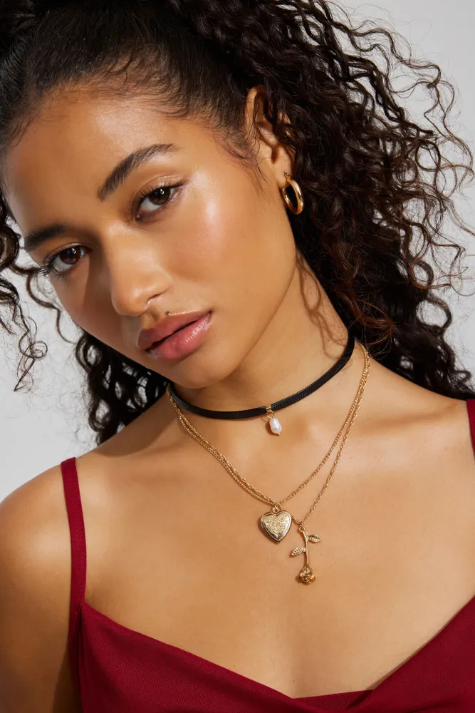 Set of 3 Choker, Rose & Locket Necklaces