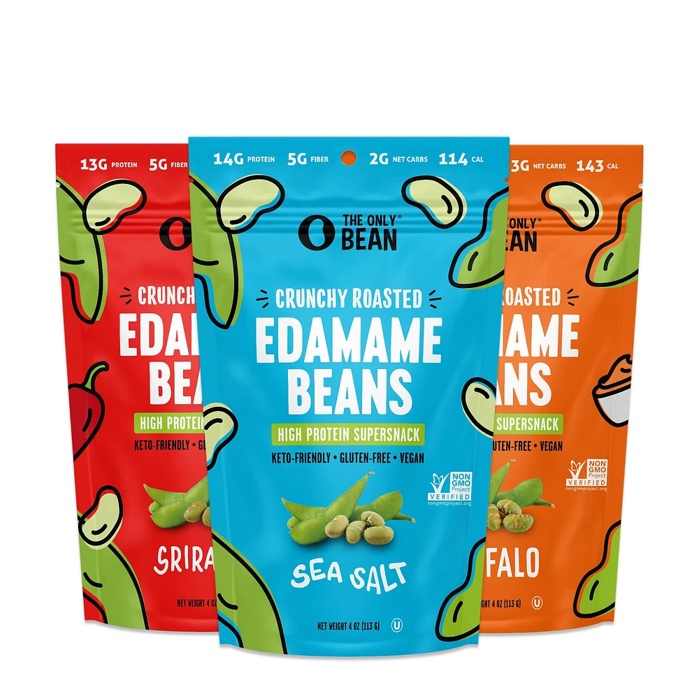 The Only Bean Crunchy Roasted Edamame Beans Vegan - Variety Pack (3 Bags)