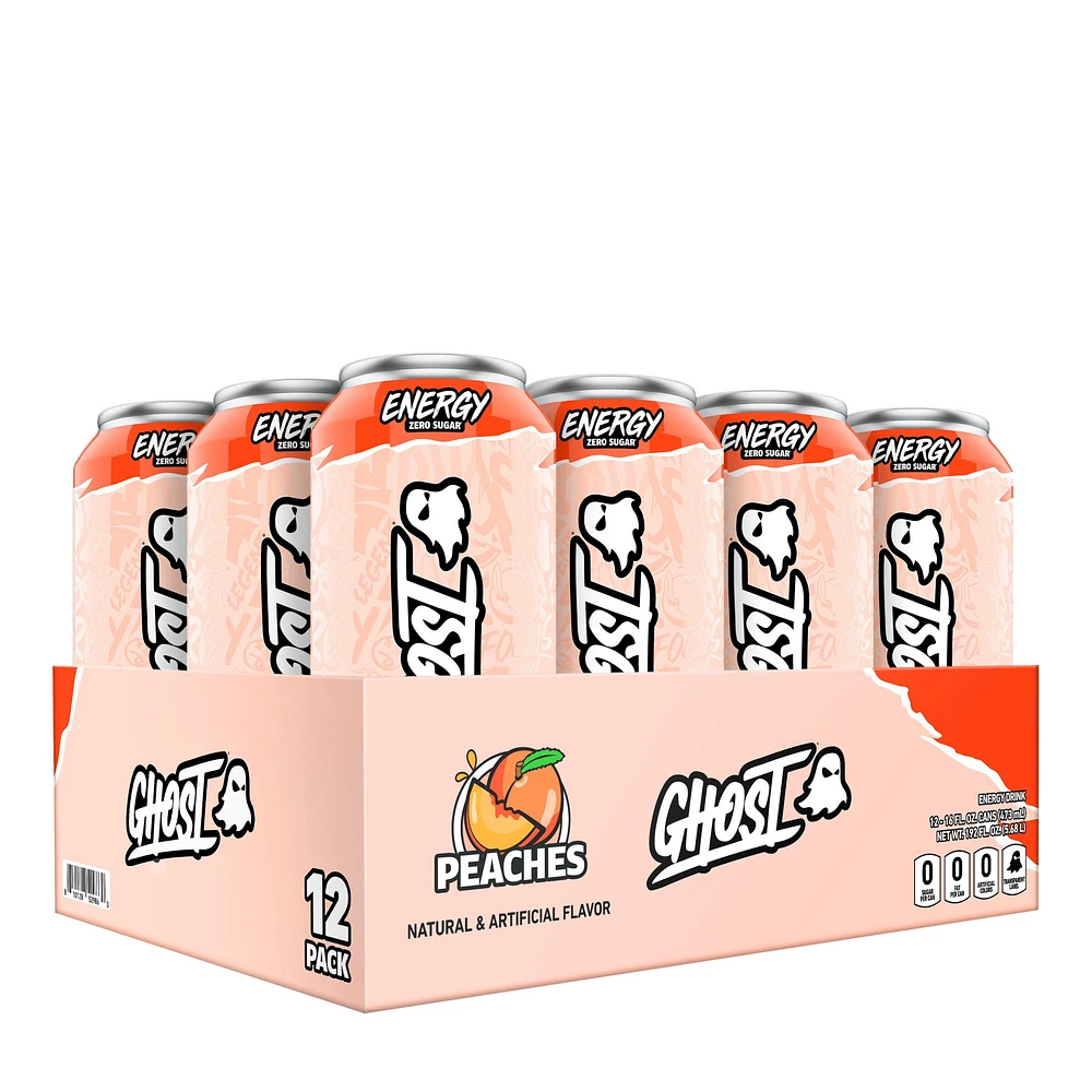 GHOST Energy Drink Vegan - Peaches 16 Fl Oz. (12 Cans) Zero Sugar