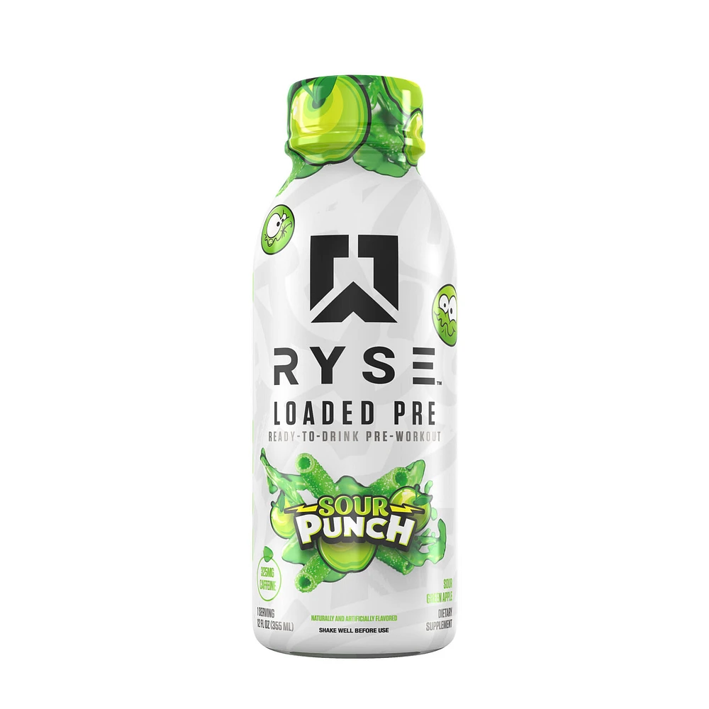 RYSE Loaded Pre-Workout Rtd - Sour Punch Green Apple 12 Fl Oz (12 Bottles)