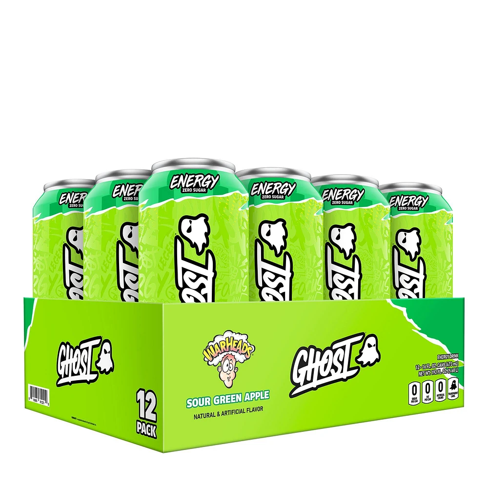 GHOST Energy Drink - Warheads Sour Green Apple 16Oz. (12 Cans) Zero Sugar