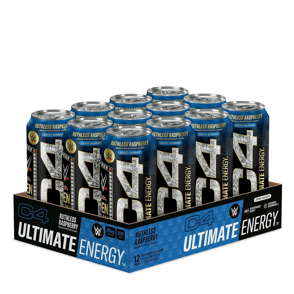 Cellucor C4 Ultimate Energy Drink - Ruthless Raspberry 16Oz. (12 Cans) Zero Sugar