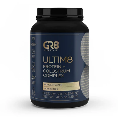 GR8 Lifestyle Ultim8 Protein + Colostrum Complex - Vanilla Creme (28 Servings)