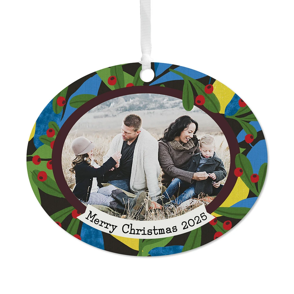 Holiday Holly Horizontal Oval Metal Personalized Ornament, Custom Photo and Text for only USD 17.99 | Hallmark