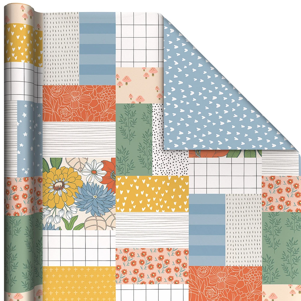 Patchwork Floral/Mini Hearts on Blue Reversible Wrapping Paper, 20 sq. ft. for only USD 4.99 | Hallmark