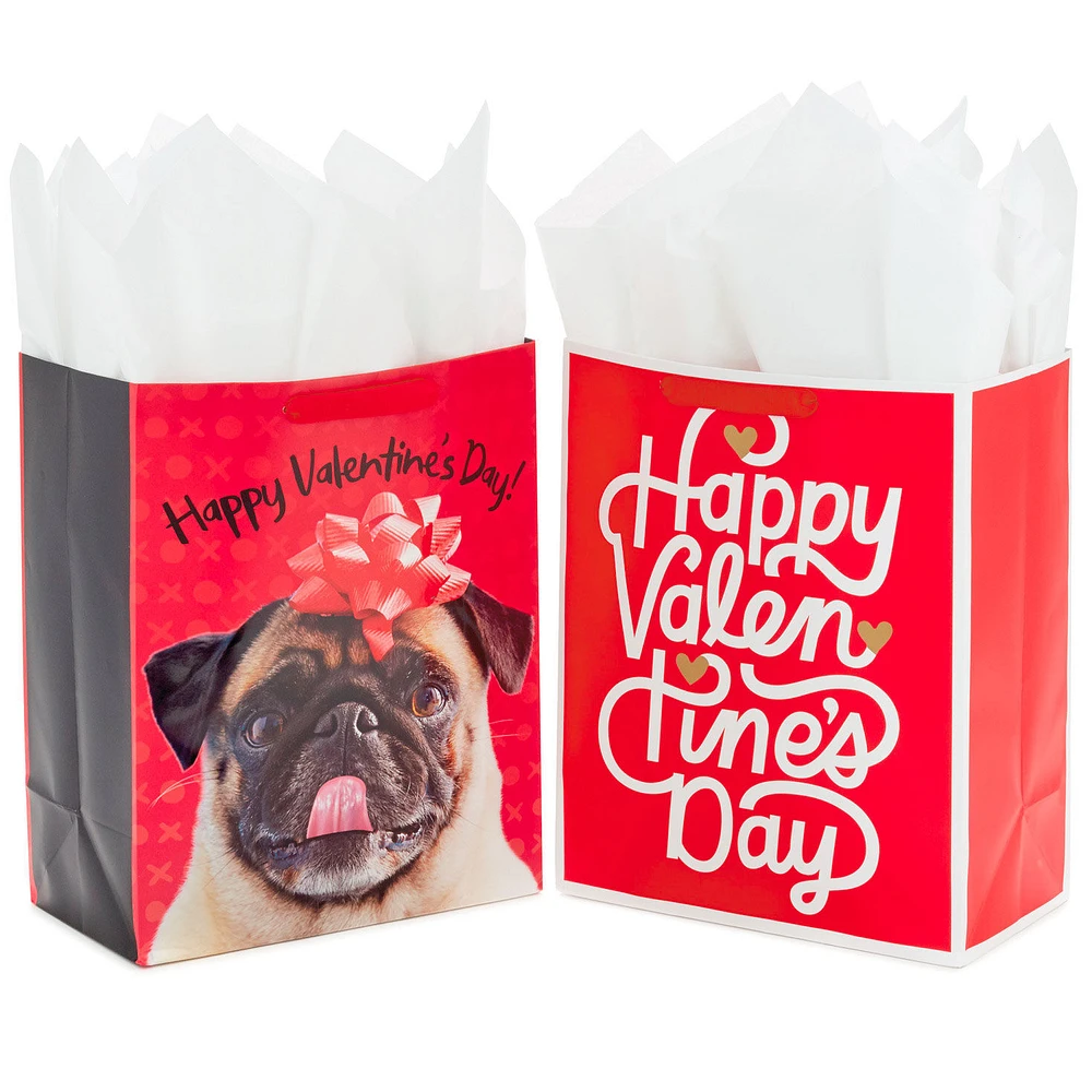 13" Pug and Happy Valentine's Day 2-Pack Large Gift Bags With Tissue Paper for only USD 9.99 | Hallmark