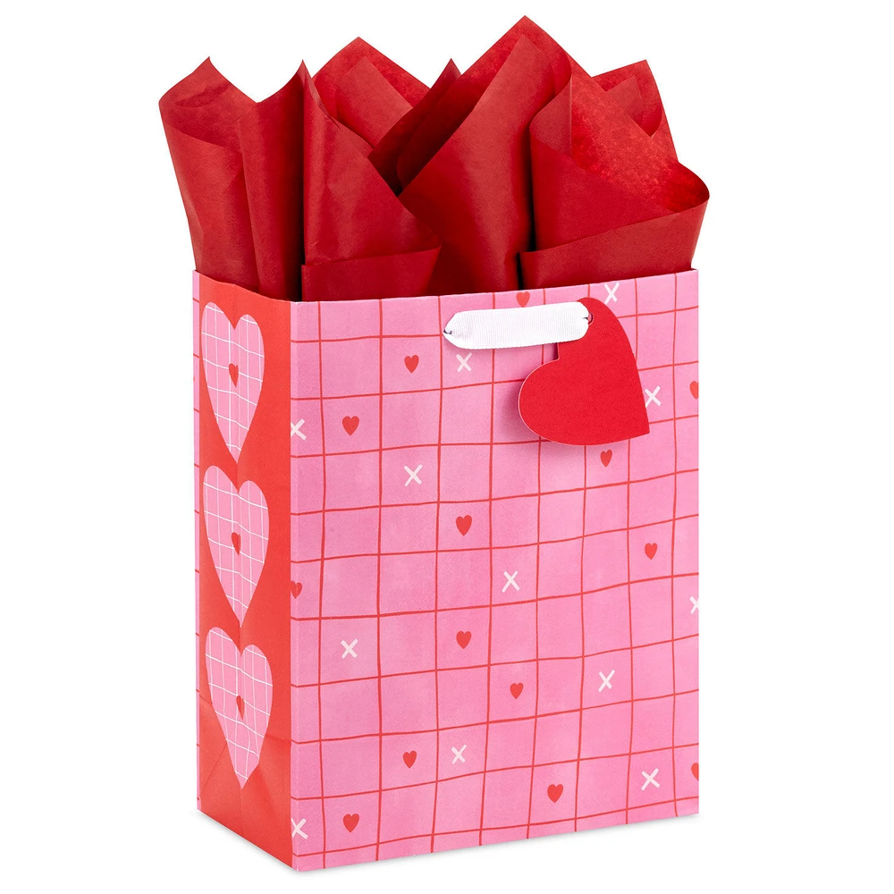 9.6" Red Grid on Pink Medium Valentine's Day Gift Bag With Tissue Paper for only USD 6.49 | Hallmark