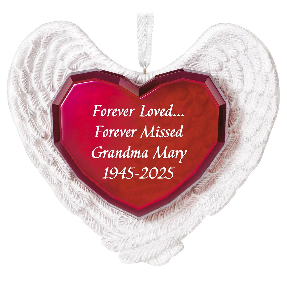 Forever Loved Memorial Heart and Angel Wings Personalized Ornament