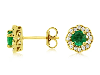 14K Yellow Gold Round Emerald and Diamond Halo Cluster Earring
