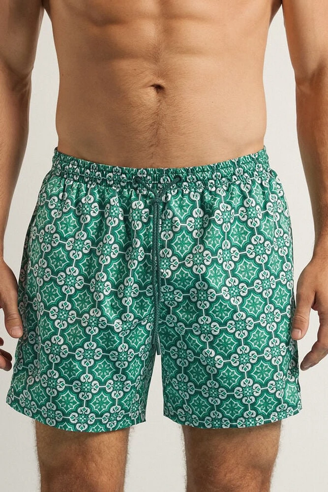 Aqua Green Majolica Print Swim Trunks