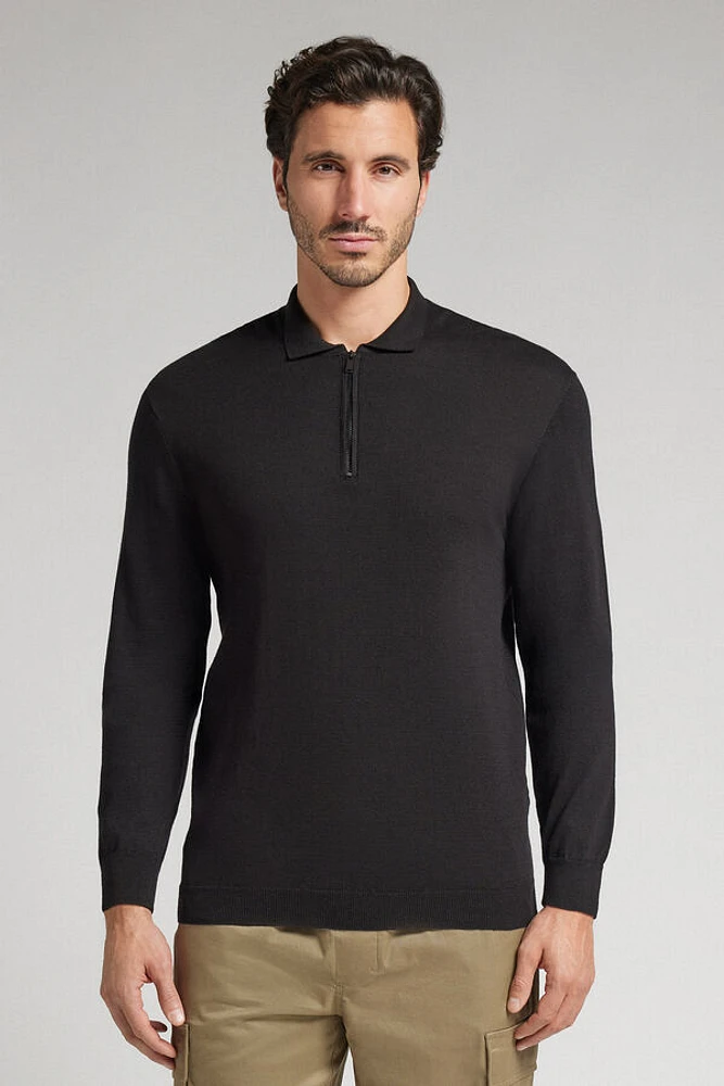 Zip Long Sleeve Knit Polo Shirt
